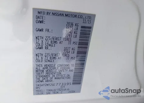 2016 Nissan Rogue Sv z USA, uszkodzony, nr VIN 5N1AT2MT2GC773195